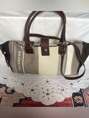 Brandina striped canvas handbag with leather accents